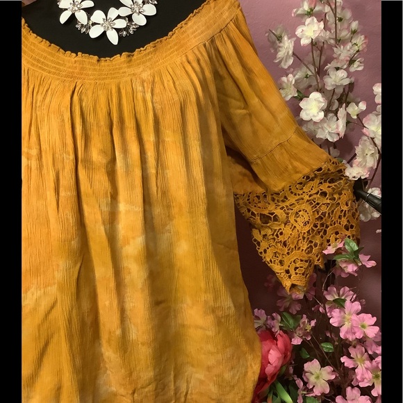 🌻NWT 1X INDIGO THREAD HARVEST GOLD LACE TRIM SLEEVE TOP - Picture 10 of 13